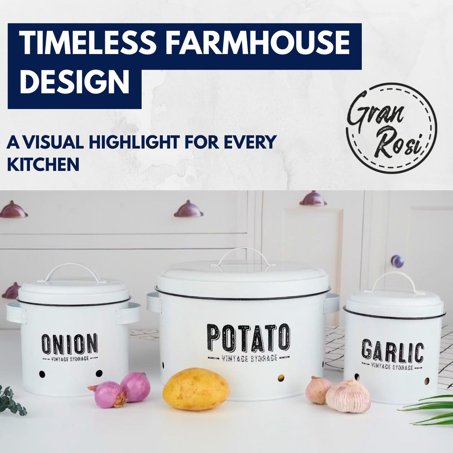 Granrosi Kitchen Vegetable Storage Set for Pantry & Countertop — Set of 3 Kitchen Containers Including Potato Bin, Onion Keeper & Garlic Storage; Rustproof Metal & Aeratic Holes; Farmhouse Style
