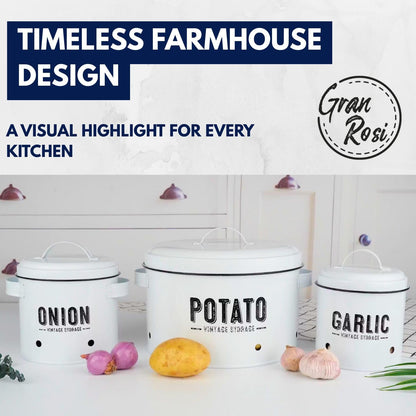 Granrosi Kitchen Vegetable Storage Set for Pantry & Countertop — Set of 3 Kitchen Containers Including Potato Bin, Onion Keeper & Garlic Storage; Rustproof Metal & Aeratic Holes; Farmhouse Style