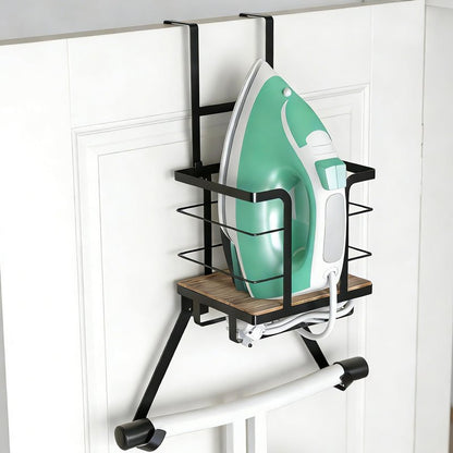Over The Door & Wall Mount Ironing Board Hanger Wooden & Metal Laundry Room Organizer, Anti-Slip Fence Design, Fits T/Y-Leg Ironing Boards for Iron Steamer Pressing Accessories