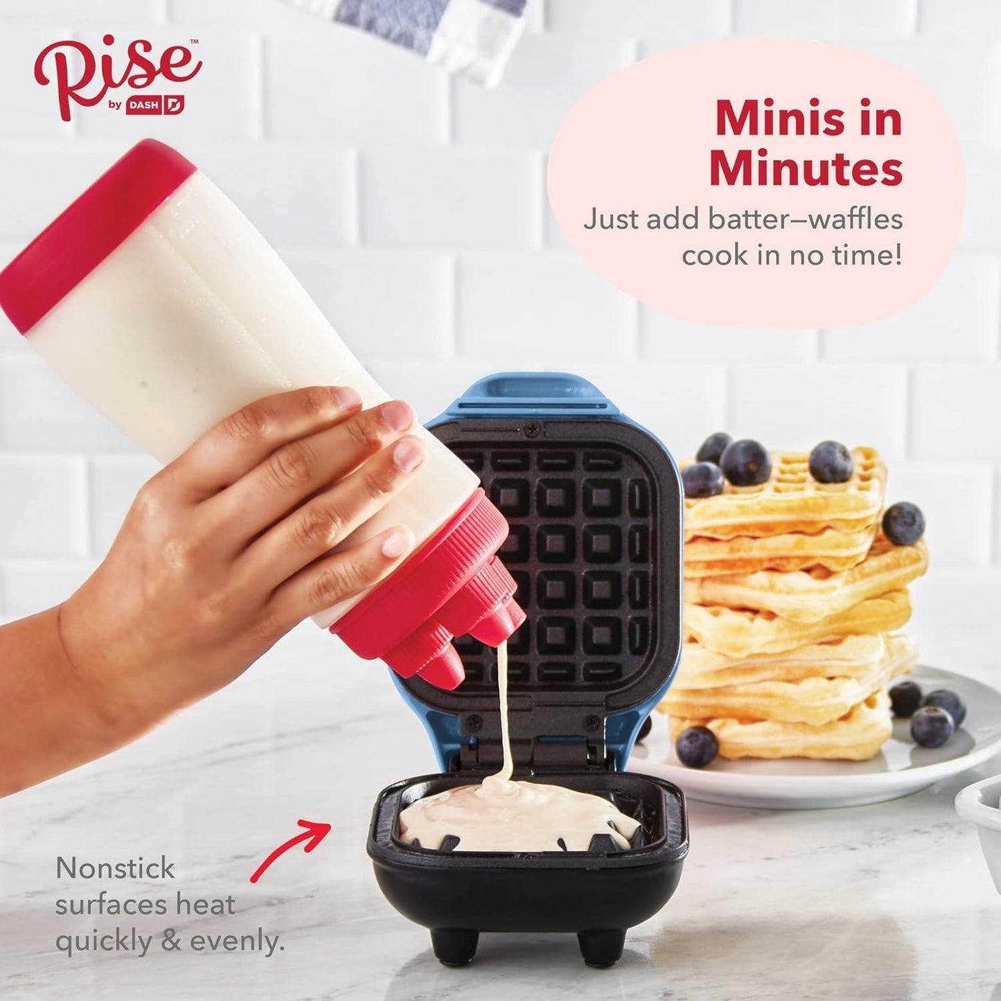Rise by DASH Mini Waffle Maker, Non-Stick Surface Cooks 4 Inch Waffles in Minutes (Blue)