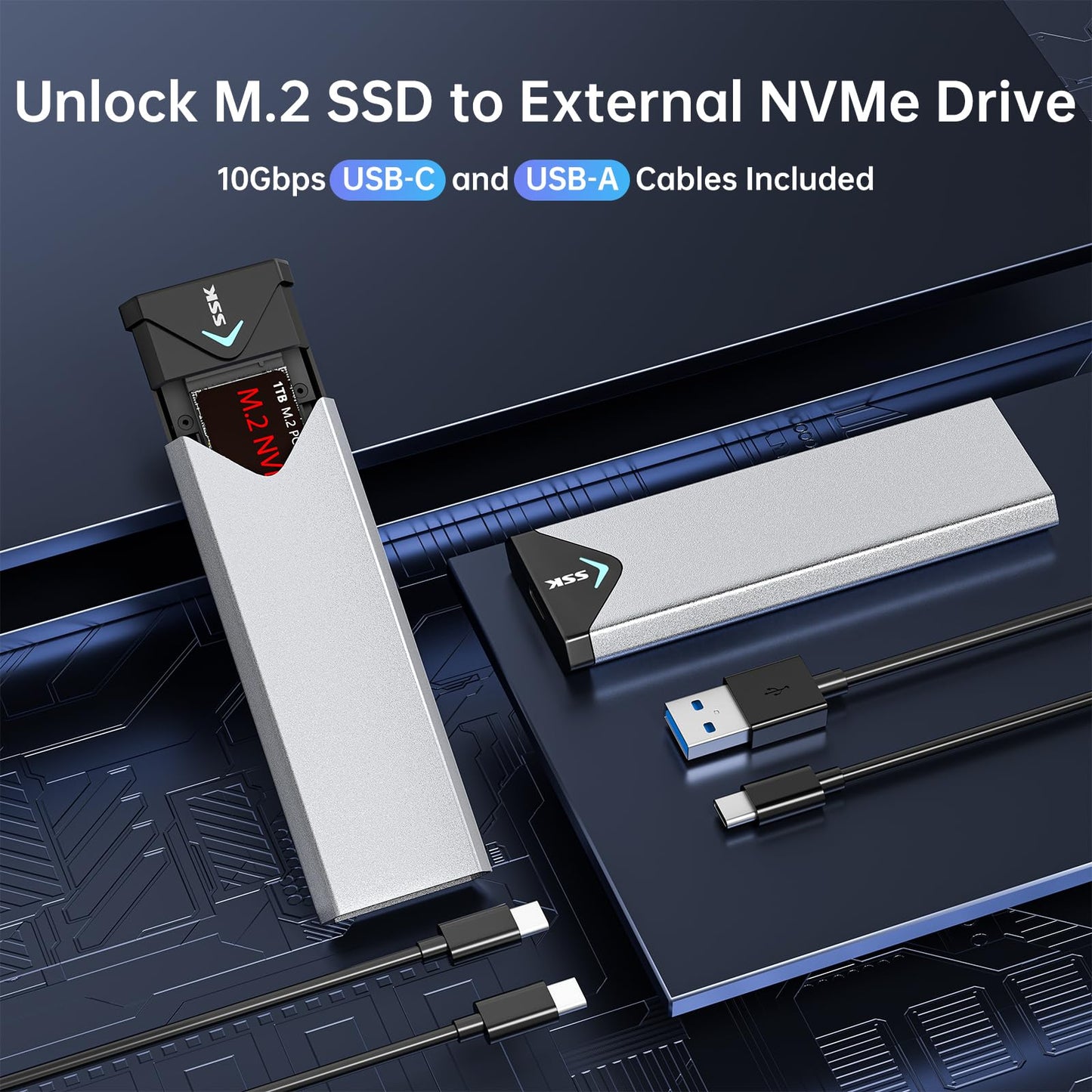 SSK M.2 NVME SATA SSD Enclosure Adapter, USB 3.2 Gen 2 (10 Gbps) to NVME PCI-E SATA M-Key/(B+M) Key Solid State Drive External Enclosure Aluminum Support UASP Trim for SSDs 2242/2260/2280