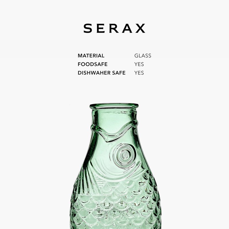 Serax Glass Water Pitcher | Fish & Fish glassware by Paola Navone | Wine Carafe Decanter 28.74 fl oz | Clear Green Bottle Container for hot & cold Drinks | Fridge Beverage Dispenser, Suitable as Vase