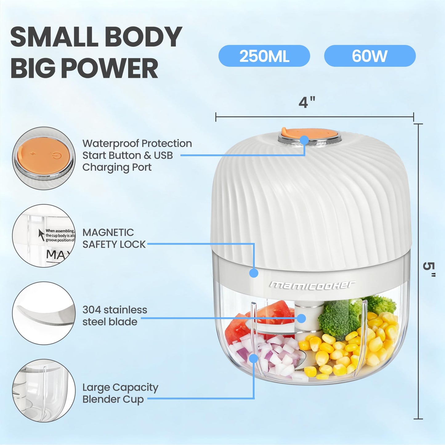 Electric Garlic Chopper, Mini Portable Veggie Chopper, 250ML Garlic Grinder Masher Onion Grinder, Blender to Vegetable, Wireless Food Processor for Ginger, Chili, Fruit, Meat, etc