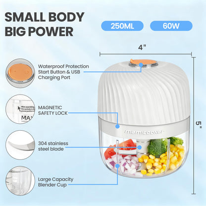 Electric Garlic Chopper, Mini Portable Veggie Chopper, 250ML Garlic Grinder Masher Onion Grinder, Blender to Vegetable, Wireless Food Processor for Ginger, Chili, Fruit, Meat, etc