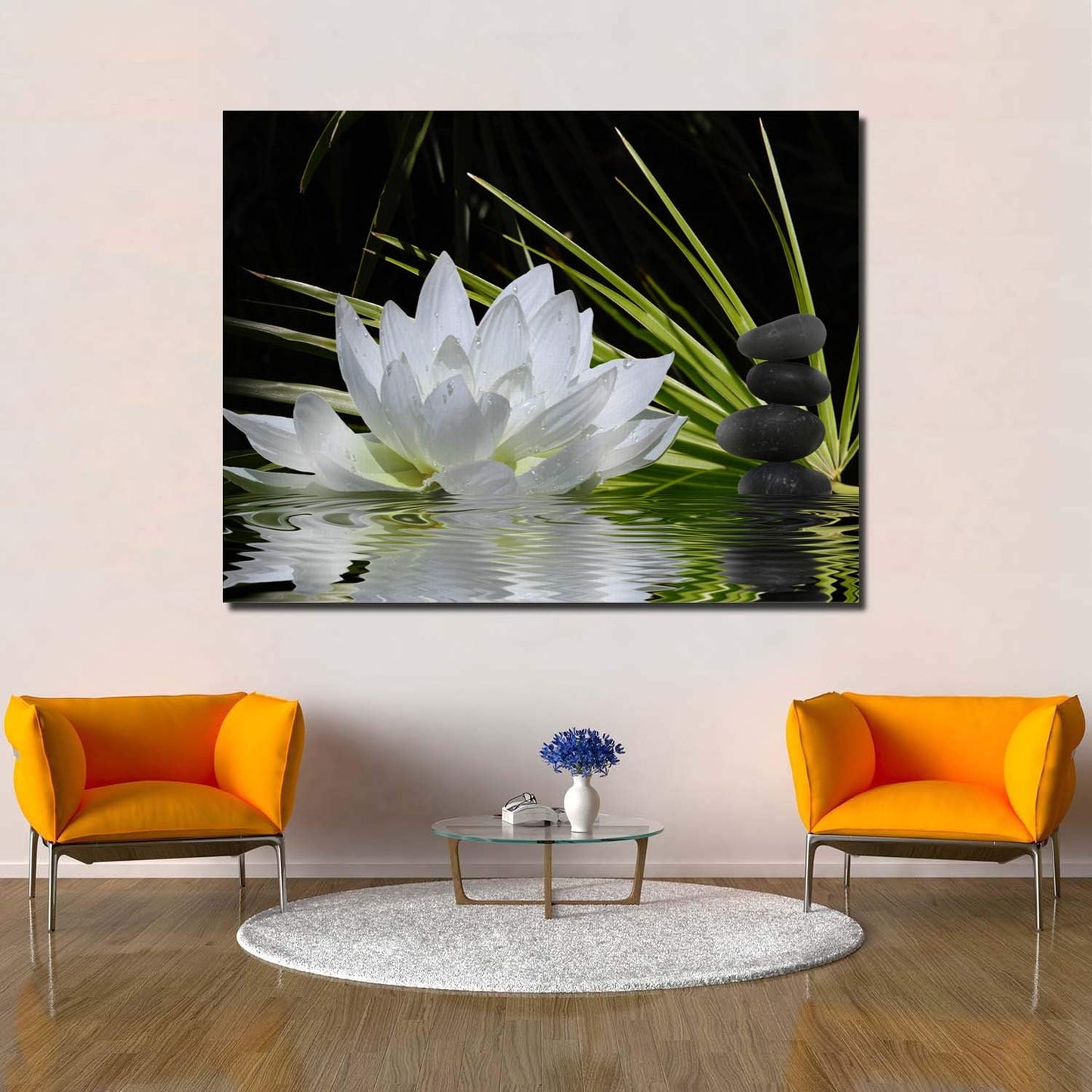 Canvas Wall Art - White Lotus and Black Zen Stones Picture, Modern Wall Decor, 12" x 16"
