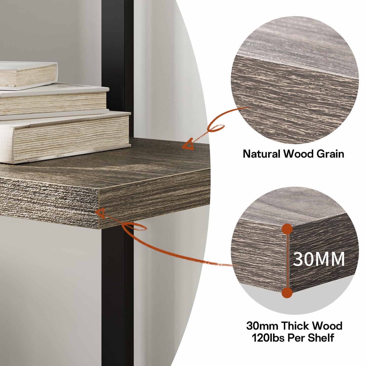 6 Tier Book Shelf, 47'' Wide Wood Industrial Bookshelf, 120lbs Shelf Capacity, Open Storage Shelves, 80'' Tall Heavy Duty Display Shelving, Rustic Grey Bookcase for Bedroom,Living Room,Office - 2Pcs