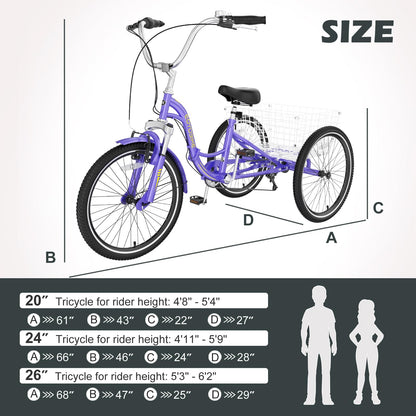 H&ZT Adult Tricycle, 3 Wheeled Bike, Trike Cruiser Bike, with 7-Speed Gear, Parking Brake Handle, Low Step, Large Rear Basket, Elderly Friendly, for Men, Women, and Teens