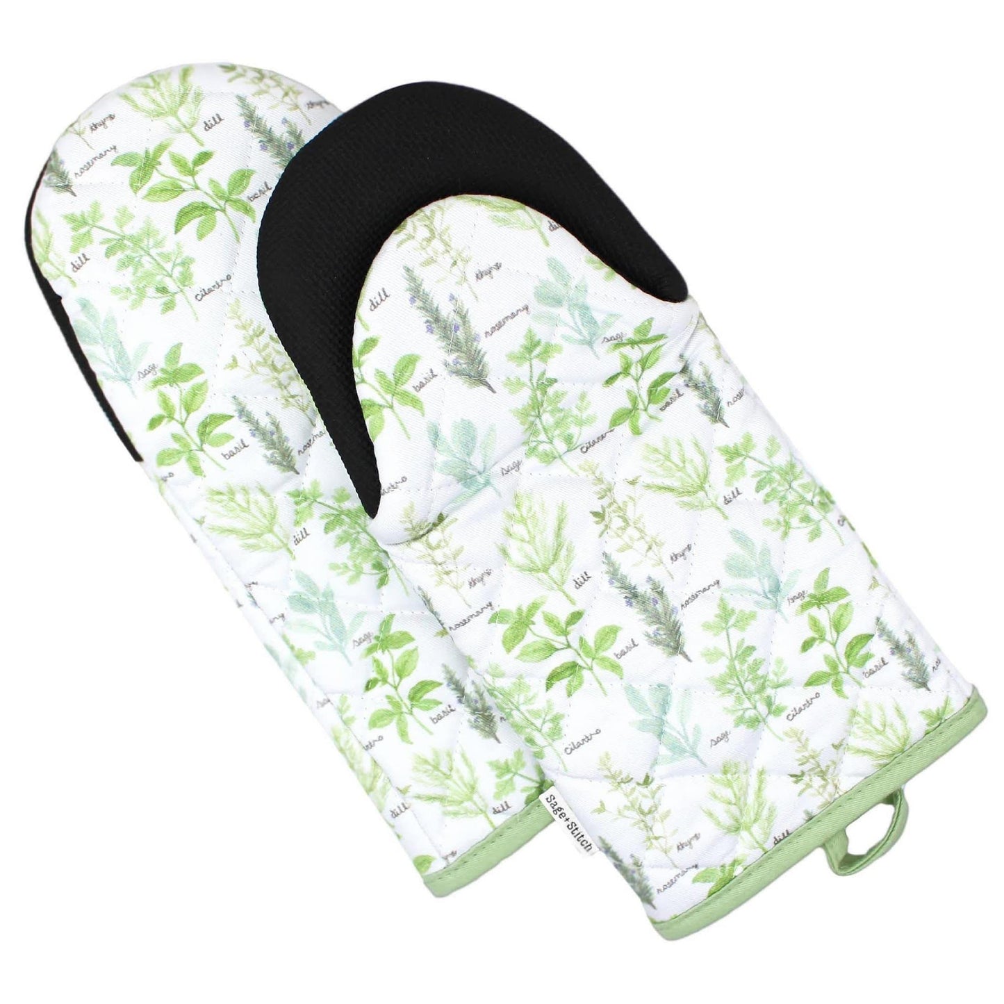 Sage+Stitch Heat Resistant Designer Kitchen Oven Mitts with Neoprene Non-Slip Grips and Hanging Loops | Set of 2 100% Cotton Long Sleeve Kitchen Oven Mitts | 5.5" x 12" | Green Herbs