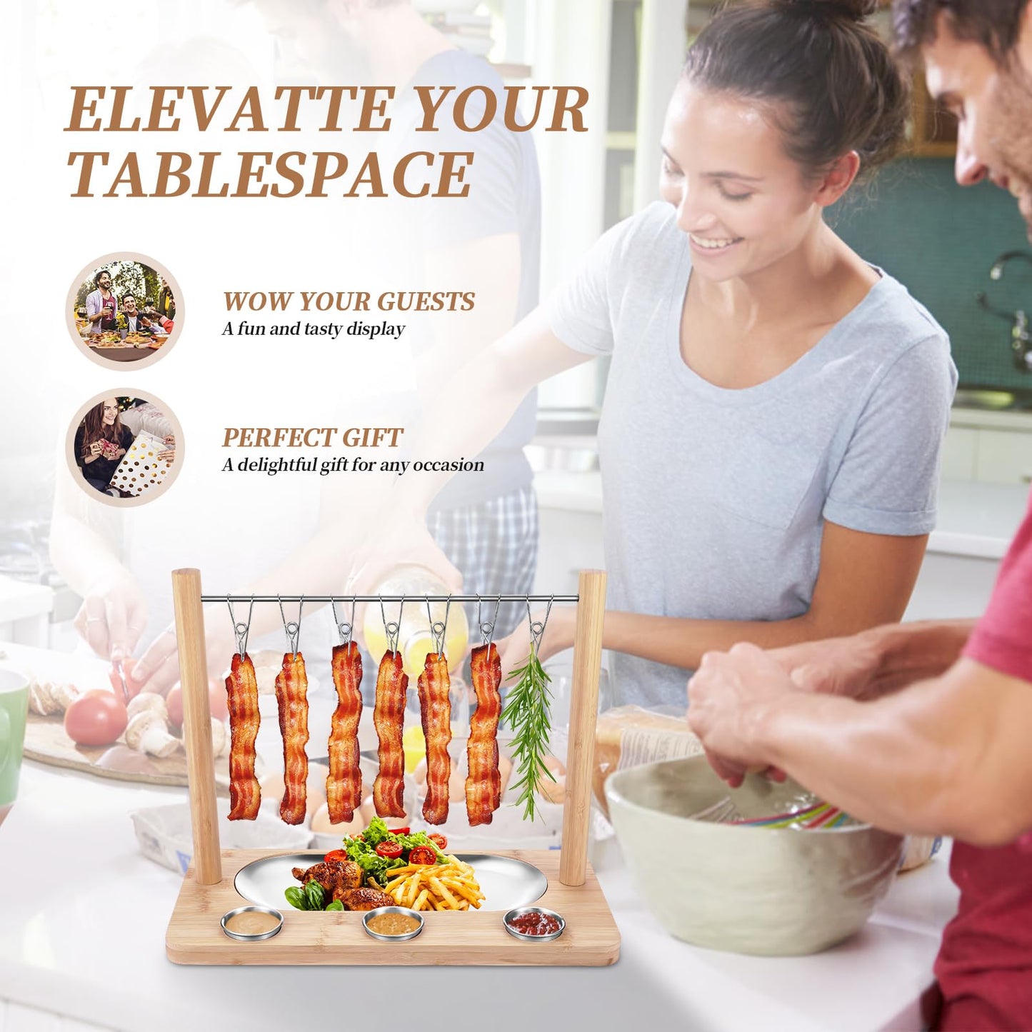 Triceratops Bacon Display Rack, Wood Bacon Serving Dishes, Bacon Hanger Charcuterie Cheese Board with Stainless Steel Serving Platter Tray