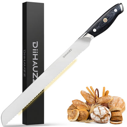 DiiHAUZZ Bread Knife, 10 Inch Serrated Knife for Slicing Homemade Bread, Razor Sharp High Carbon Steel, Professional Bakery Kitchen Knives with Full Tang Ergonomic Handle for Sourdough, Bagel, Cake