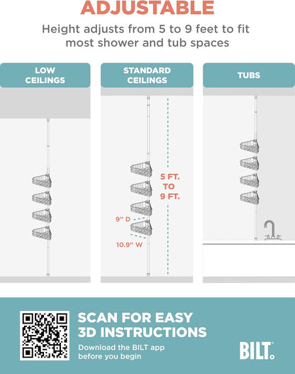 Zenna Home Tension Pole Shower Caddy - Adjustable 4 Basket Shelves, 60 to 108 Inch, Satin Nickel