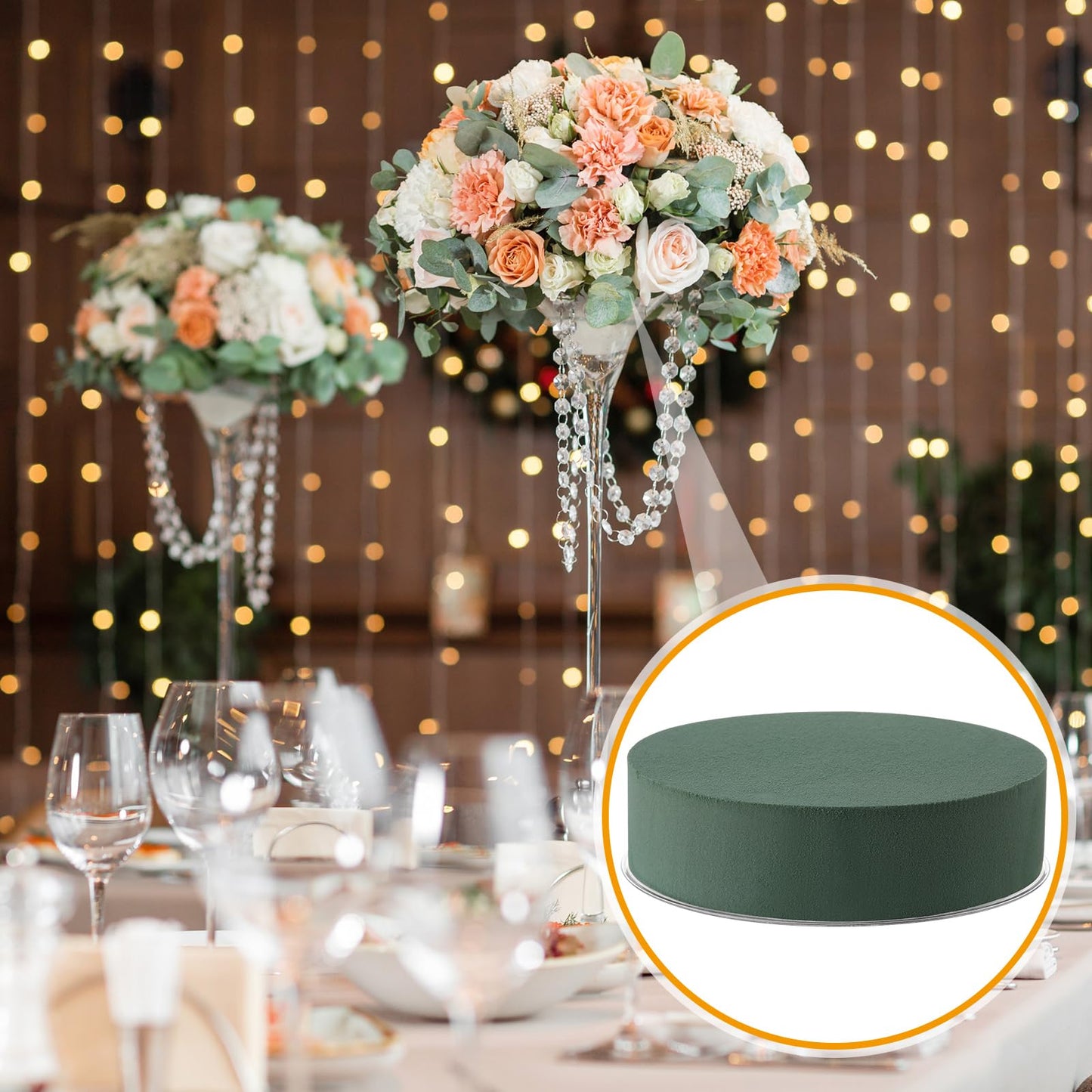Threlaco 12 Sets Round Floral Foam and Clear Plastic Saucer Plant Drip Tray Floral Flower Dish Green Foam for Artificial Flowers Wedding Home Party Decoration (7 Inches)