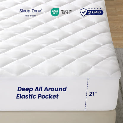 21" 54x75) SLEEP ZONE Flat Mattress Cover Full Size, Non Slip Quilted Fitted Mattress Pad, Noiseless Mattress Protector