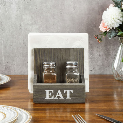 MyGift Napkin Holder with Salt and Pepper Shakers, Vintage Gray Solid Wood Table Napkin Holder, 2 Compartment Salt and Pepper Holder and Condiment Server with White EAT Label