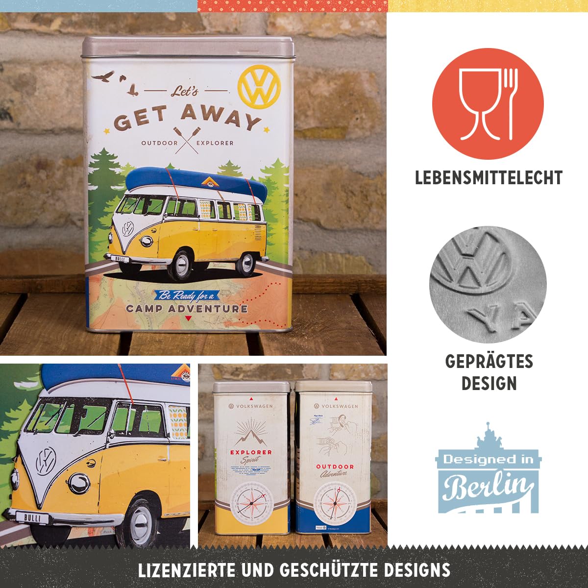 Nostalgic-Art Retro storage tin box L, 101.4 oz, VW Bulli – Let's Get Away – VW Bus Gift idea, Official License Product (OLP), large metal coffee can, vintage design