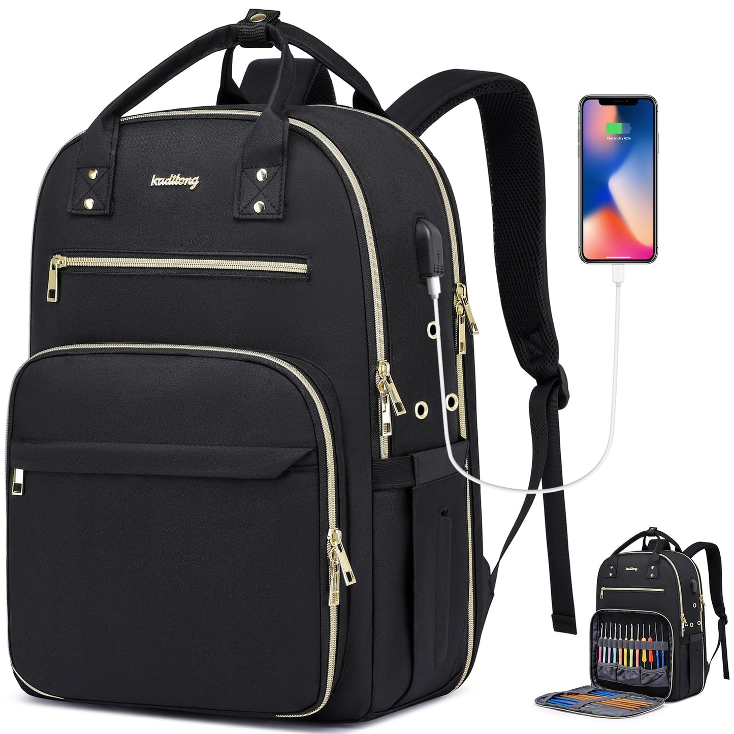 kadilong Knitting Bag Crochet Backpack for Crocheters,Yarn Organizer Storage for Knitters Travel,Large Capacity Crochet Bag Yarn Storage Tote Bag with USB Port Knitting Gifts for Women