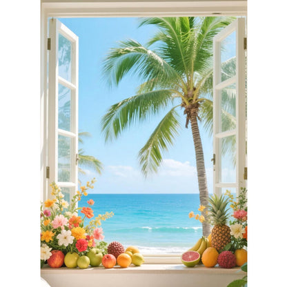 JZHYOAN Summer Beach Window Diamond Painting Kit Hawaii Tropical Island Palm Leaves Ocean Diamond Art Kits for Adults 5D Full Drill Crystal Rhinestone Round Gem Art Craft Kits for Wall Decoration
