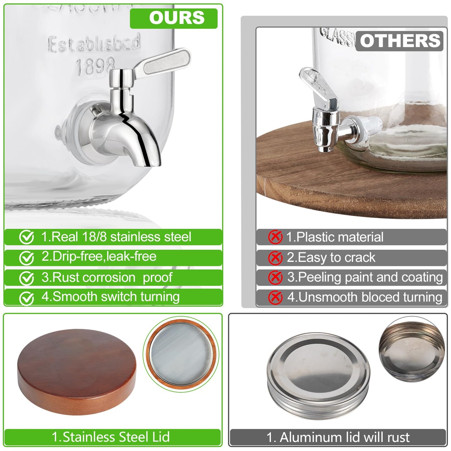 2PCS Large Drink Dispensers for Parties,Glass Beverage Dispenser with Wood Stand,Lemonade Drink Dispenser with Stainless Steel Spigot for Fridge,Water, Juice,Punch,Cocktails,Ice Tea & Sun Tea