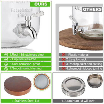 2PCS Large Drink Dispensers for Parties,Glass Beverage Dispenser with Wood Stand,Lemonade Drink Dispenser with Stainless Steel Spigot for Fridge,Water, Juice,Punch,Cocktails,Ice Tea & Sun Tea