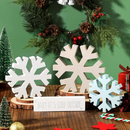 KORMMCO Winter Snowflake Fireplace Decorations - 4Pcs Farmhouse Christmas Decor | Wooden Signs for Tabletop & Shelves (White, Brown, Blue)