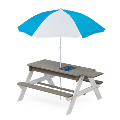 3 in 1Outdoor Wooden Picnic Table with Umbrella, Convertible Sand Wate, Gray CPSIA Certification
