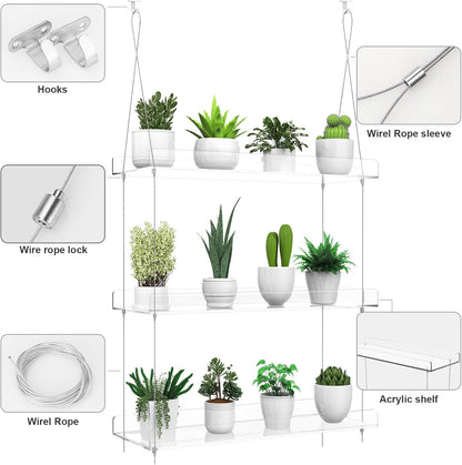 ZerzSemp 3-Tier 16 Inch Hanging Clear Plant Shelves for Windows, Acrylic Window Wall Plant Stand Shelf for Kitchen