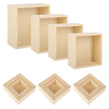 DISWALE 16 Pcs Unfinished Wooden Boxes, 4 Sizes Wood Crates for Crafts, Rustic Square Storage Centerpiece for Table, Home Drawer Decor, Treasure Box, 6.3x6.3, 5.5x5.5, 4.7x4.7, 4x4 Inch