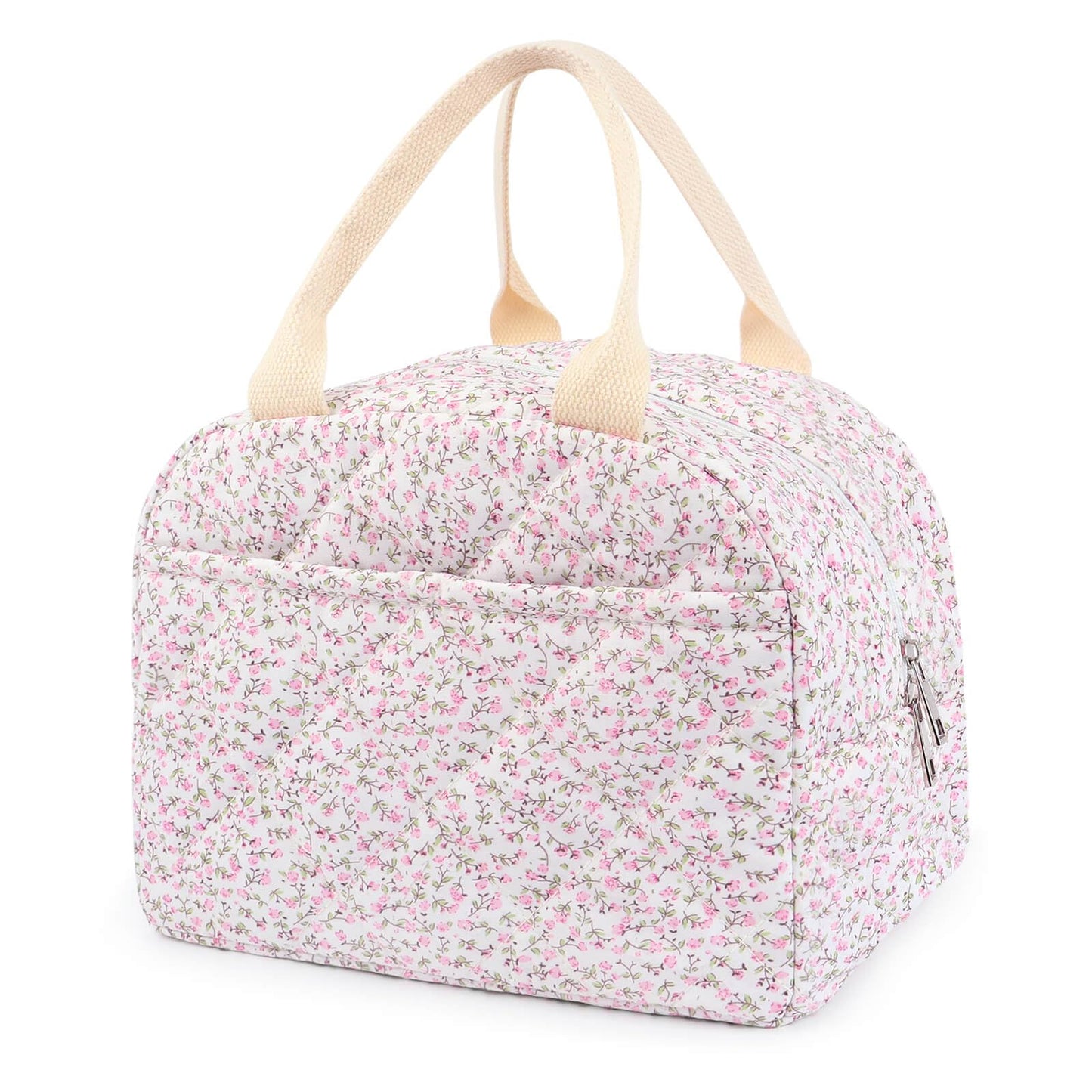 Dark Swan Cotton Quilted Insulated Lunch Bag, Cute Quilted Floral Tote Bags Reusable Lunch Box Coquette Aesthetic Large Capacity Insulated Cooler for Women Work Travel Picnic (Pink)