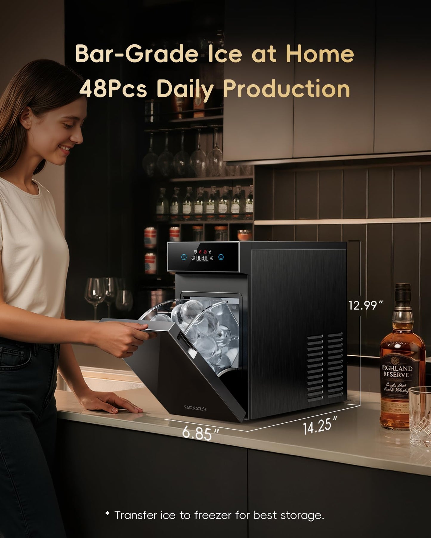ecozy 2.1" Clear Ice Ball Maker Countertop with CrystalFlux Technology, Minimal Footprint Sphere Ice Maker with 8H Timer, 1 pc in 30 Mins, 48 pcs/Day, Self-Cleaning for Home Bar Whiskey & Bourbon