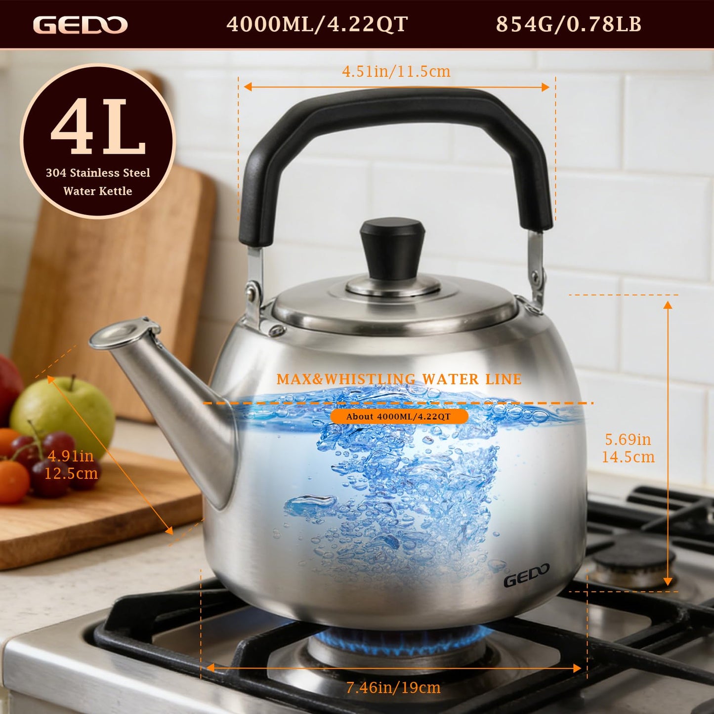 GEDO Stainless Steel Whistling Tea Kettle, 304 Food Grade, Large Capacity, Stovetop Kettle for Gas Stove and Induction Cooktop (4L/4.22QT)