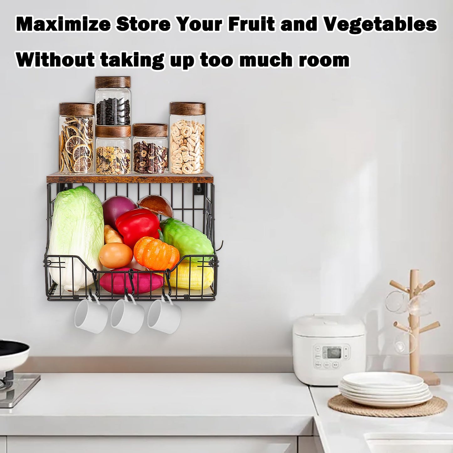 Livabber Fruit Basket for Kitchen, Metal Fruit Vegetable Storage Bin with 2 Banana Hangers, Countertop Wire Basket Organizer for Snack Potato Onion, Screw Mounted or Stand (Black, 1 Pack)