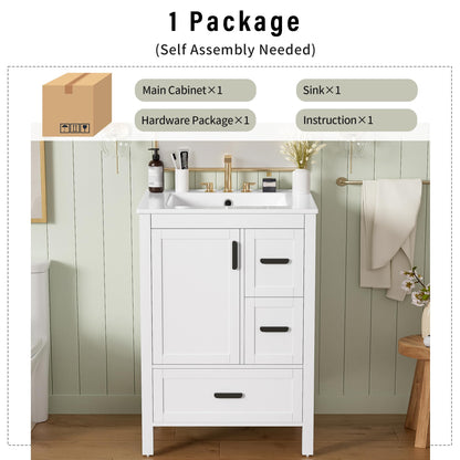 Favfurish 24" Bathroom Vanity with Ceramic Sink,Freestanding Bathroom Vanities with Soft-Closing Door and Double-Layer Door Shelf,Modern Bath Storage Cabinet w/ 3 Drawers,White