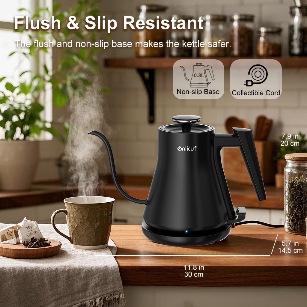 Onlicuf Gooseneck Electric Kettle 0.8L - Matte Black Tea Kettle with Auto Shut Off, Boil-Dry Protection & BPA-Free, Precision Electric Water Kettle for Pour Over Coffee