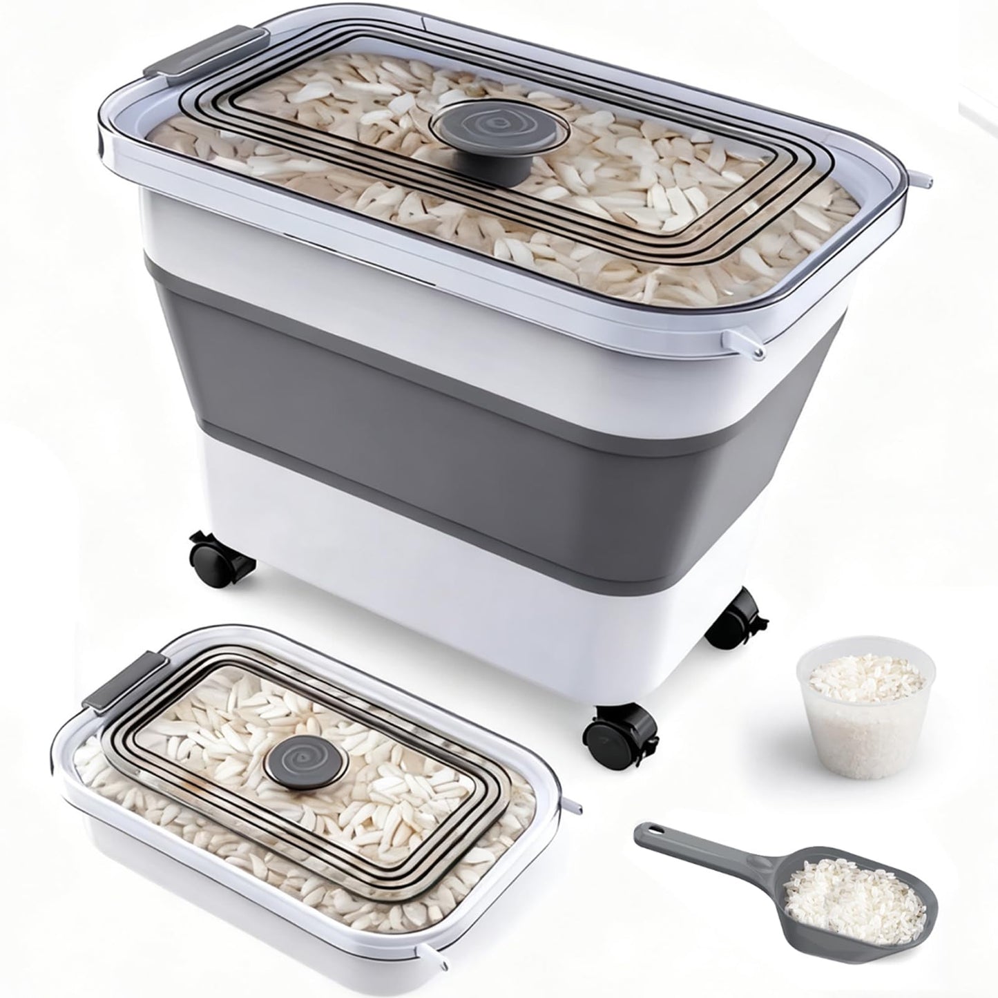 Rice Storage Container, Collapsible Airtight Food Storage Containers 20-30lbs with Clear Lid and Wheels, Rice Dispenser with Scoop for Flour Cereal Pasta Grain, Cat Pet Bird Dog Food Storage Container