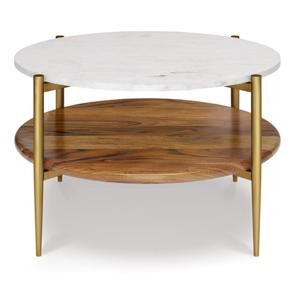 SIMPLIHOME Wagner Coffee Table - 30 inch Wide Solid Acacia Wood and Genuine Marble Round Living Room Table in White and Natural, Mid-Century Modern Table for Family Room with Gold Metal Base and Legs