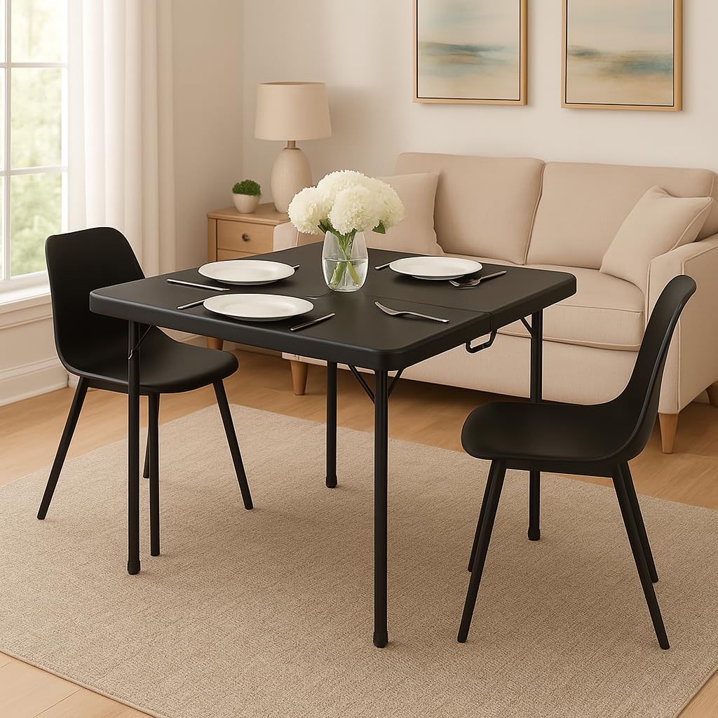 BTEXPERT 34" Bi-Folding Commercial Fold in Half Square Table Heavy Duty Portable Plastic Dining Card Table w Handle for Indoor Outdoor Kitchen Party Wedding Event Black Set of 5