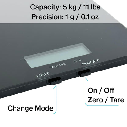 Glass Platform Digital Kitchen Scale - for Food Coffee Lab - LCD Display gram Ounces lb:oz fl.oz ml - 11 LB/5 KG Capacity - Battery Included - White by The Display Guys