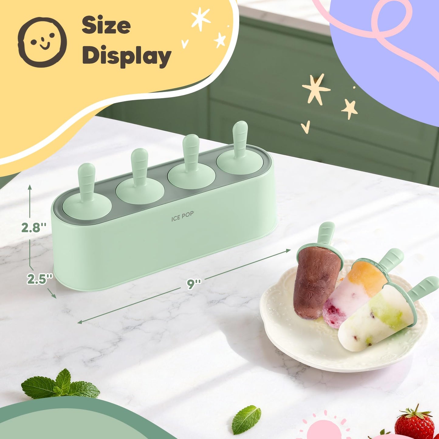 Popsicle Mold Set 4 Pieces Homemade Silicone Popsicle Maker Easy Release Ice Cream Molds Reusable DIY Pop Molds (Green, IcyClassic Pops)