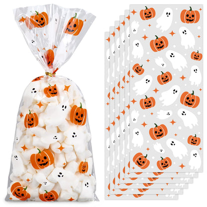 JarThenaAMCS 100Pcs Halloween Cellophane Bags with Twist Ties Ghost Pumpkin Treat Bag Clear Plastic Candy Goodie Bags for Birthday Party Favors Supplies