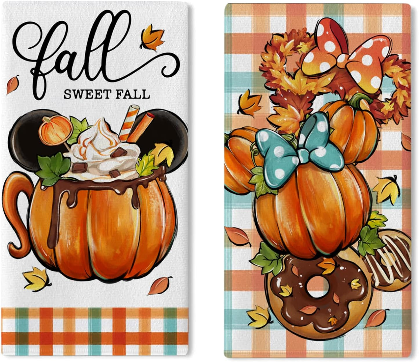 Fall Sweet Fall Cartoon Mouse Pumpkin Kitchen Dish Towels Set of 2 - Autumn Coffee Wreath Doughnut Drying Cloths