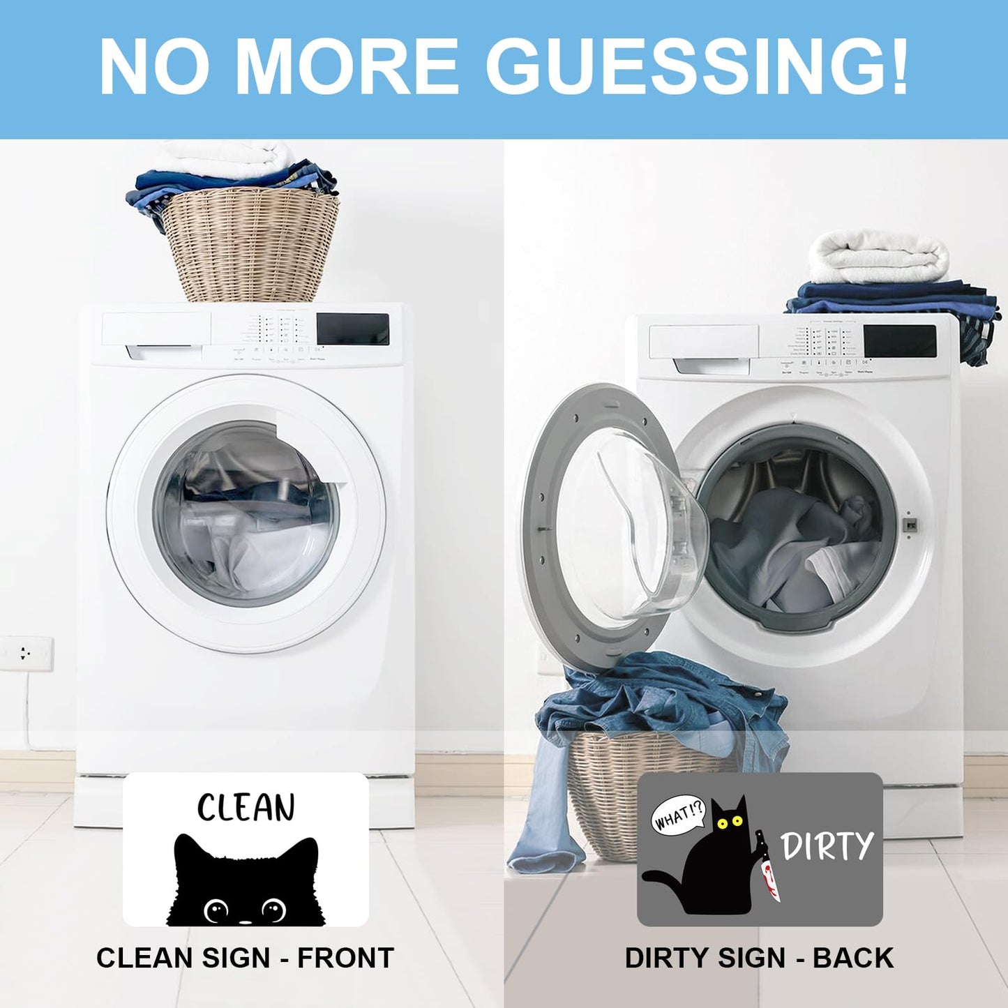 Funny Black Cat Cartoon Clean Dirty Dishwasher Magnet, Washing Machine Magnets Flip, Cute Cat Refrigerator Clean Dirty Sign, Double Sided Reversible Non Scratch Dish Washer Magnet Sign (White&Gray)