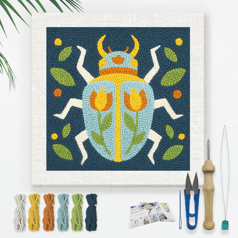 Doodlream Beetle DIY Punch Needle Embroidery Kit for Adult Beginner, 9.4" Scarab Flower Animal Punch Stitching Craft Set for Starter with Frame, Fabric Pattern, Threader, Yarn, Pinch Needle
