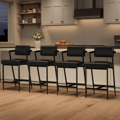 IDEALHOUSE Bar Stools Set of 4 with Armrest, Upholstered Counter Height Bar Stools with w/Backrest and Footrest, 27" Tall Bar Chairs Thick Cushion & Thickened Metal Legs, for Island