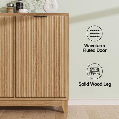 Double Tilt Out Trash Can Cabinet with Odor Control, Outlets, Fluted Trash Cabinet 13 Gallon Hidden Bin Storage, Modern Kitchen Cabinet with Soft-Close Door, Laundry Hamper Cabinet for Bathroom