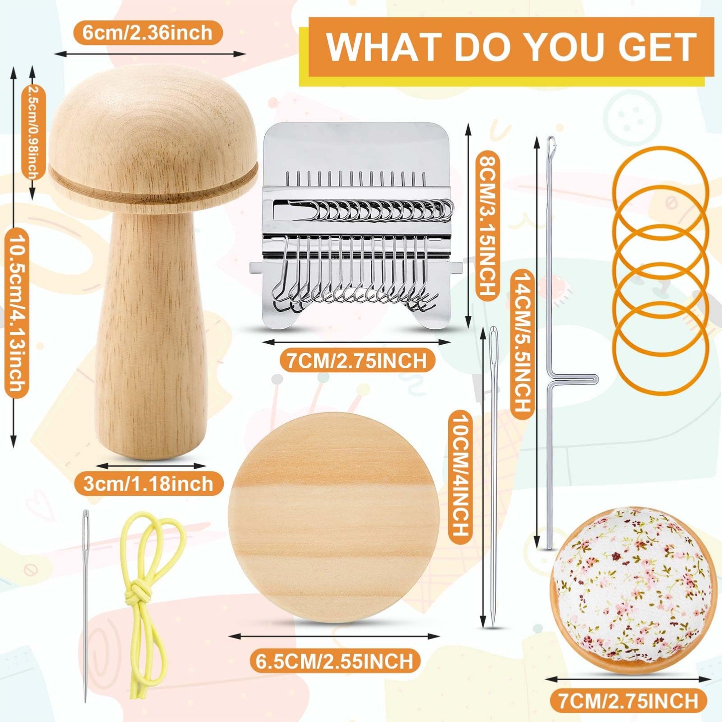 Jexine Mini Darning Mushroom for Socks 14 Hooks Small Speedweve Style Weaving Darning Loom with 9 Pcs Large Eye Needles 50 Colors Thread for Handcraft DIY Weaving Repair Tool