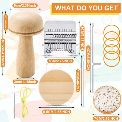 Jexine Mini Darning Mushroom for Socks 14 Hooks Small Speedweve Style Weaving Darning Loom with 9 Pcs Large Eye Needles 50 Colors Thread for Handcraft DIY Weaving Repair Tool