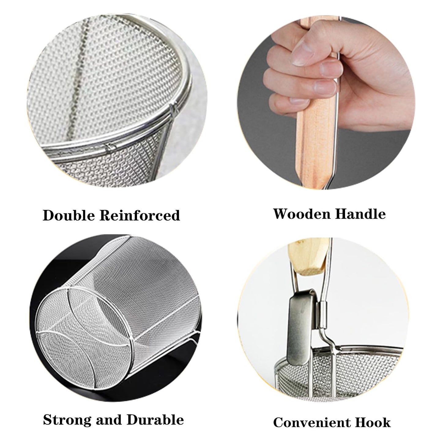 2 Pieces Pasta Strainer Basket Stainless Steel Fine mesh Pasta Strainer Basket with Wooden Handle Good For Boiling Food Spaghetti Dumpling (Dia 5.5inch/14cm)