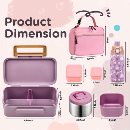 MAISON HUIS Bento Box for Kids with 8oz Soup Thermo, Insulated Lunch Bag & 17oz Water Bottle, 2-Compartment Bento Box with Built-In Ice Pack, Leak-Proof & BPA-Free