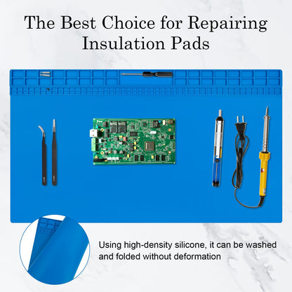 Oversized Large Soldering Mat, 27.6"x15.7" Heat Resistant Silicone Work Mat, 932°F Anti-Static & Magnetic Repair Pad for BGA Soldering Iron, Electronics, Phone, Laptop, PC, Watch Repair (Blue)