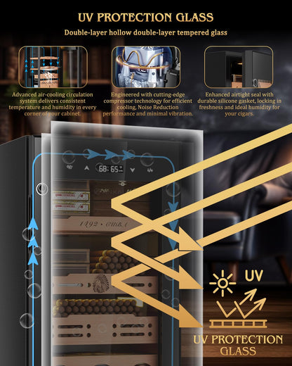 Electric Cigar Humidor Cabinet up to 600 Cigars, Temperature & Humidity Control System-75L Cooling Fridge with Cedar Wood Shelves Digital LED Screen Fingerprint Safety Lock Home & Commercial Use